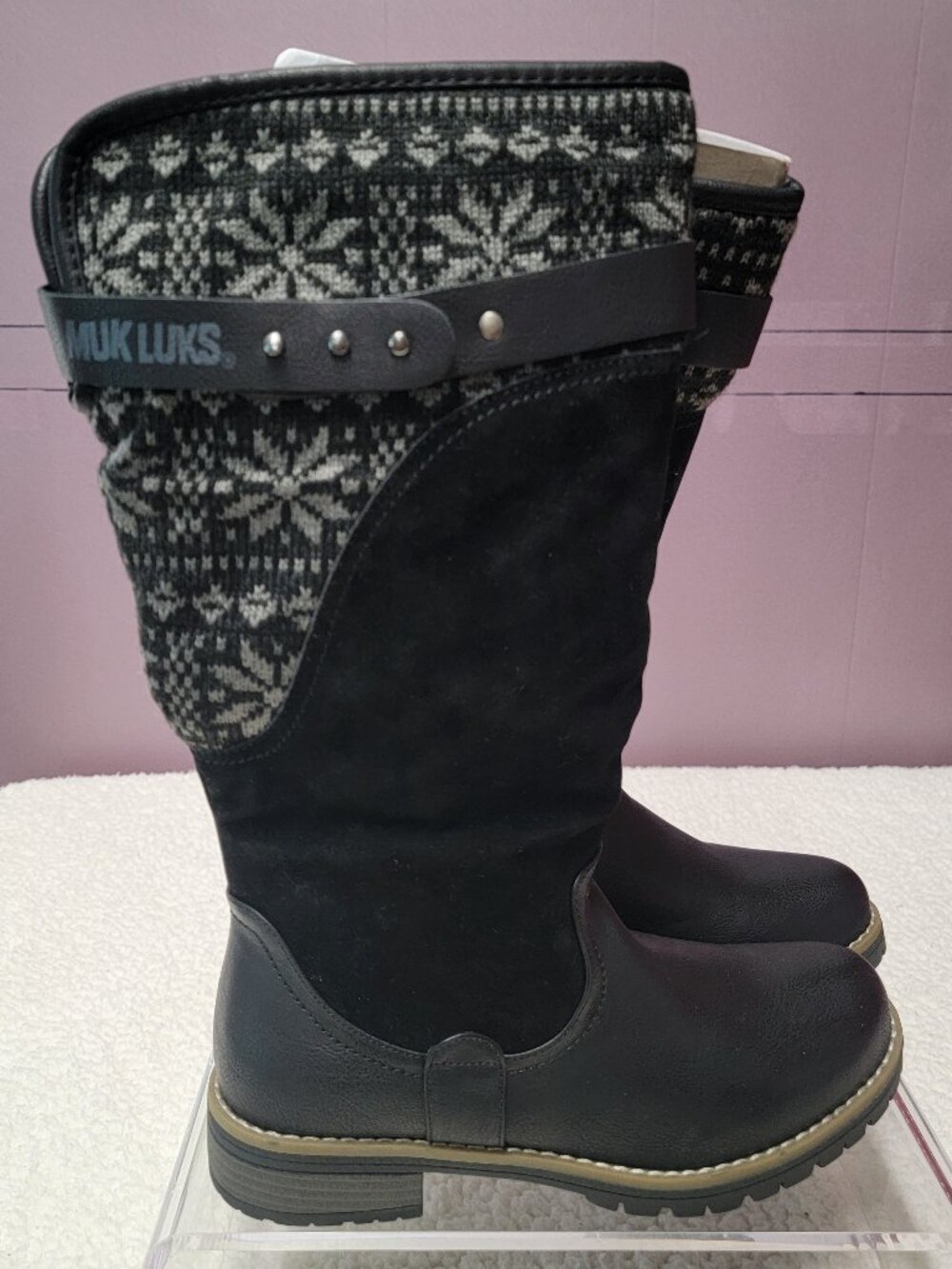 MUK LUKS Kelsey Women's Boots Size 9 Black Grey Nordic Knit Water Resistant New
